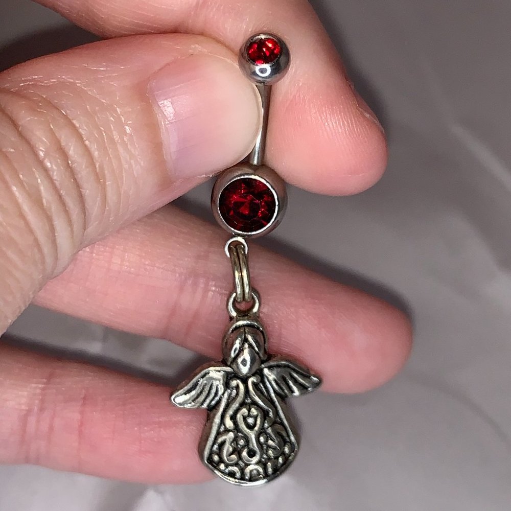 2 gem Ruby Red Cherub And Angel Dangle Belly Ring